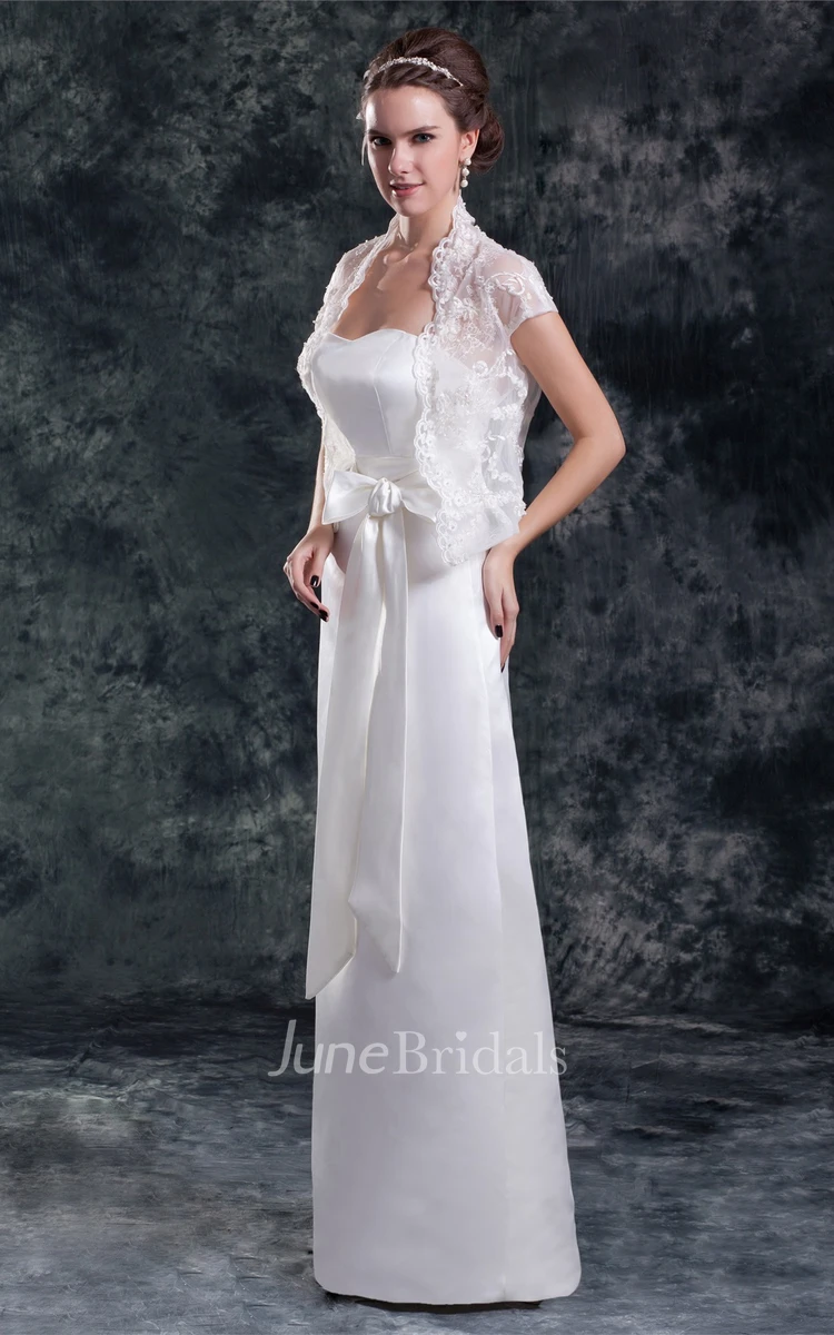 satin sheath floor-length dress with lace jacket and ribbon