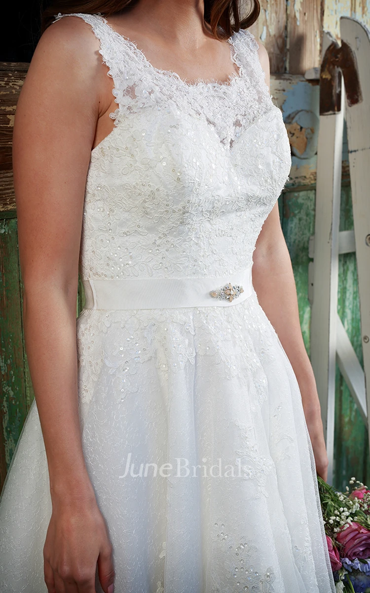 A-Line Jeweled Short Sleeveless Square-Neck Lace Wedding Dress With Appliques And V Back