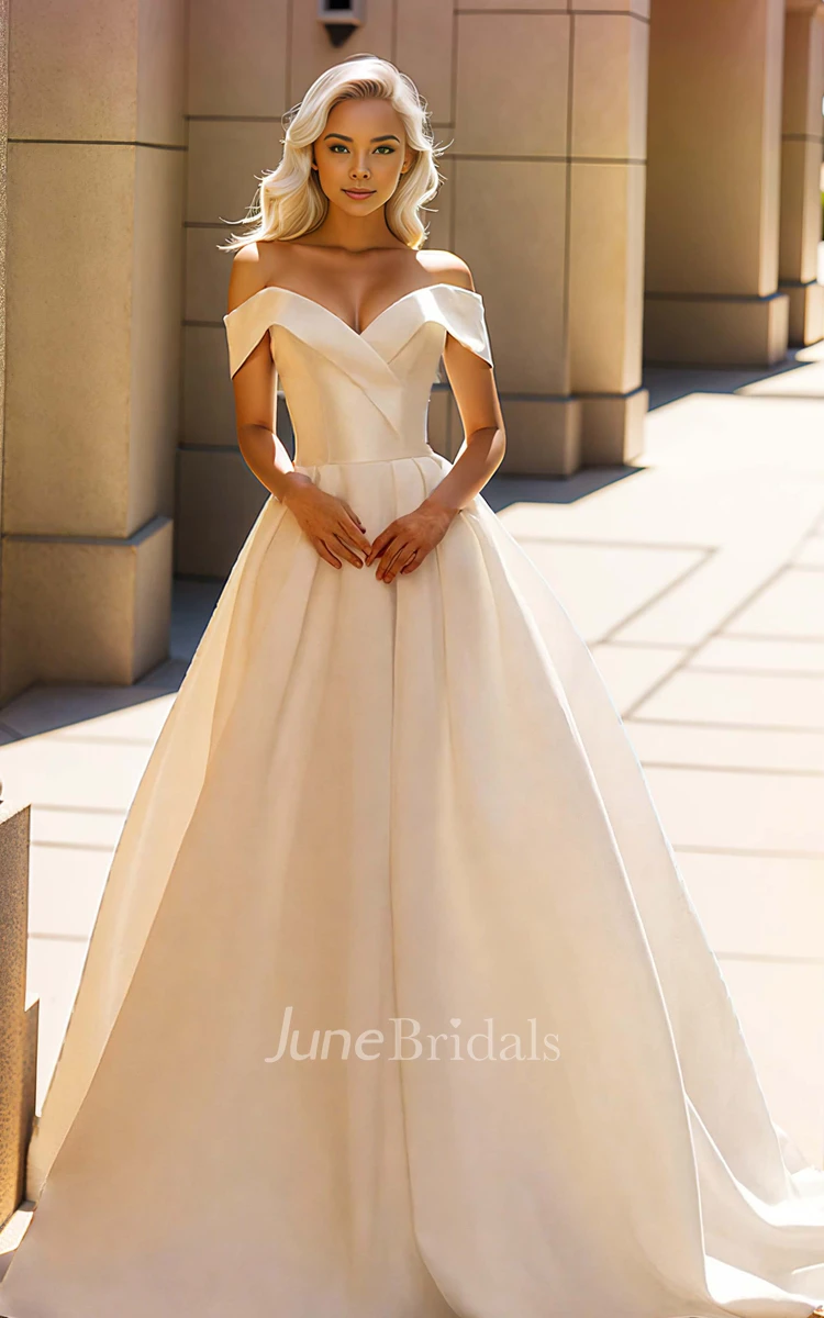 Sexy Solid Off-the-shoulder Sleeveless Satin A-Line V-neck Wedding Dress Simple Elegant Floor-length Corset Back Bridal Gown with Sweep Train Button