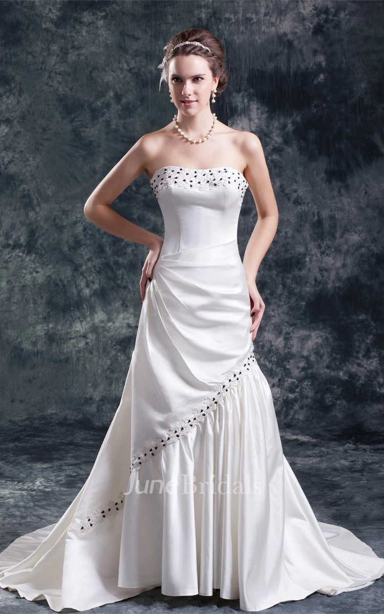 strapless draped a-line satin gown with appliques and beading