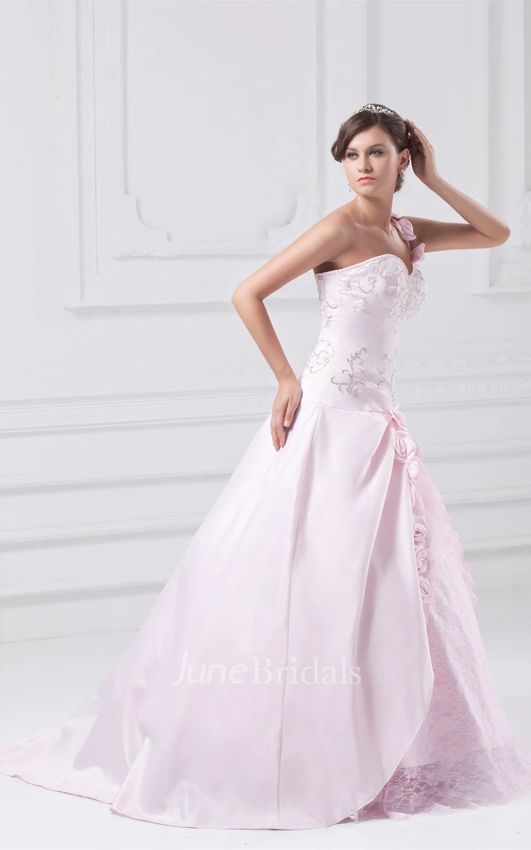 Single-Strap Sweetheart Embroidered Ball Gown with Flower