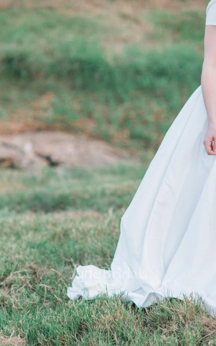 Modest Short Sleeve Beaded Square Neck Ruched A-Line Taffeta Wedding Dress