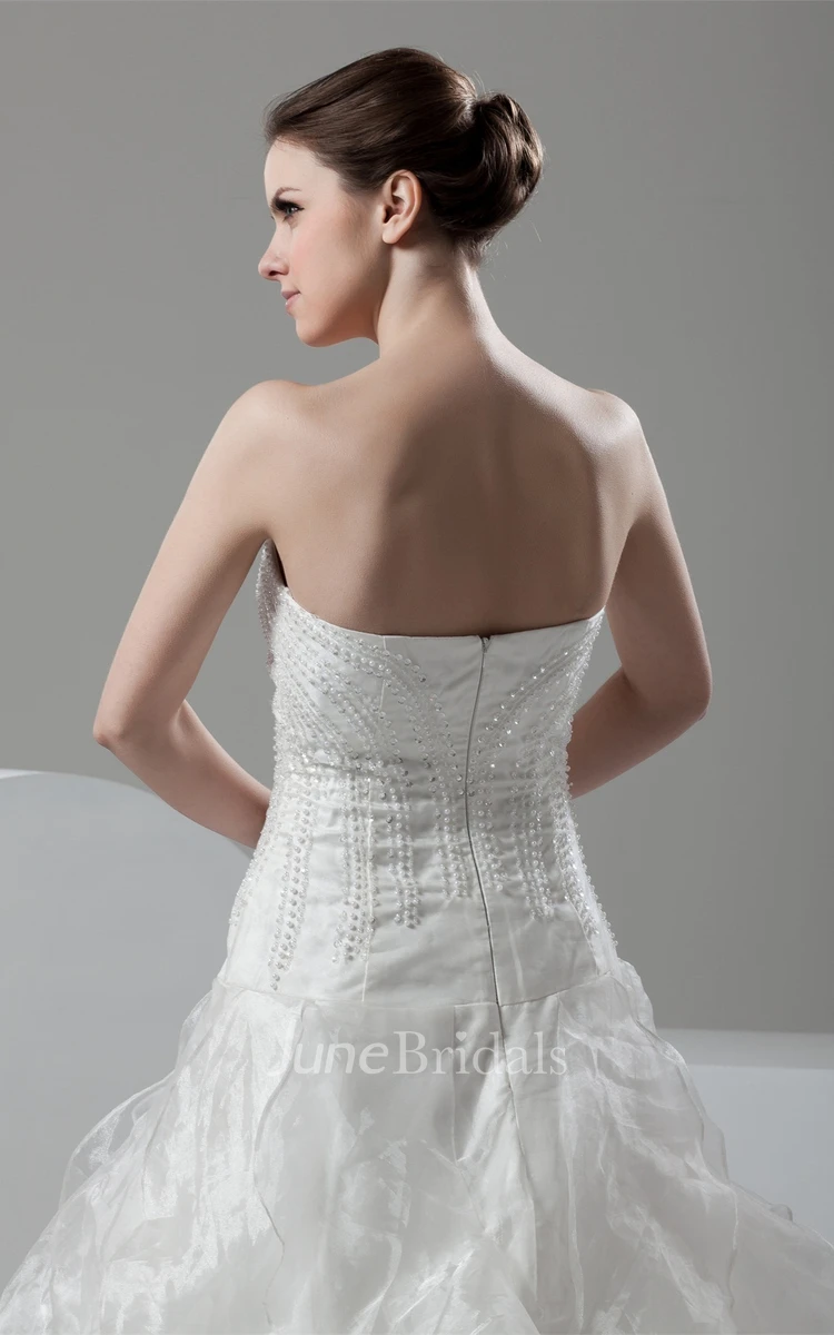 Strapless Beaded A-Line Gown with Ruffles and Chapel Train