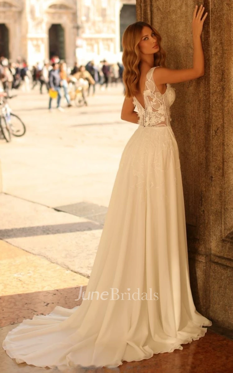 V-neck Lace Sexy Deep-V Back Sweep Train Tulle Country Wedding Dress with Sweep Train