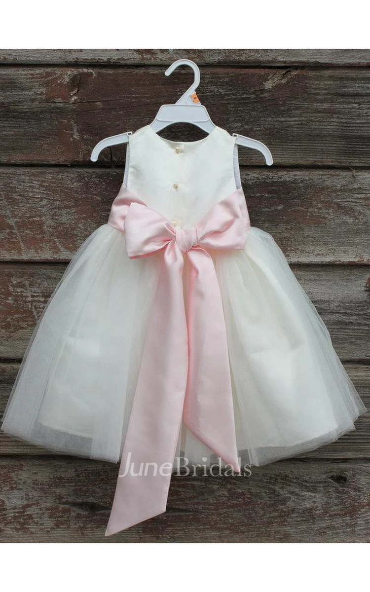 Ivory Sleeveless A-line Bow Sash Pageant Pastel Pink Toddler Dress