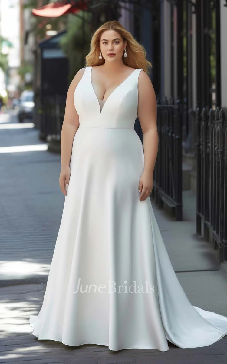 2024 Plus Size A-Line Satin Sleeveless Wedding Dress V-neck Simple Casual Sexy Ethereal Modern Sweep Train