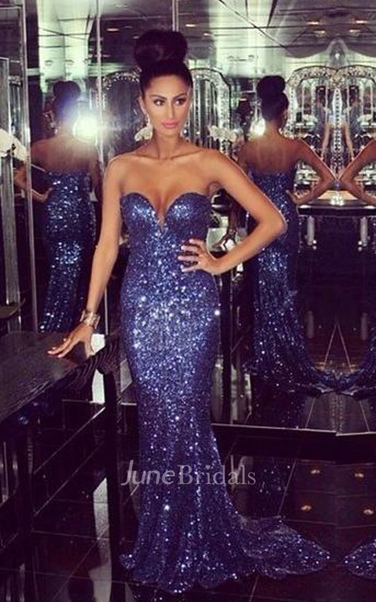 Sexy Long Sequin Royal Blue Prom Dresses Mermaid Corset Back
