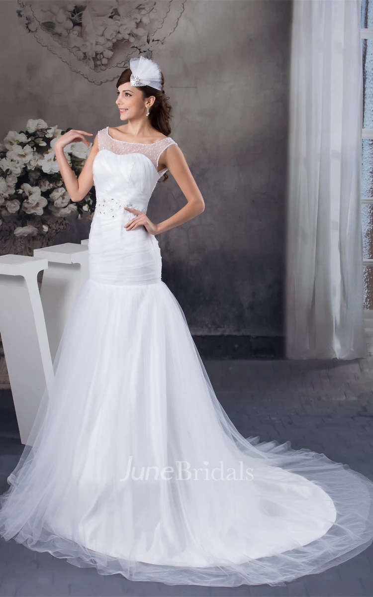 Mermaid Tulle A-Line Dress with Beaded Waist and Illusion Neckline