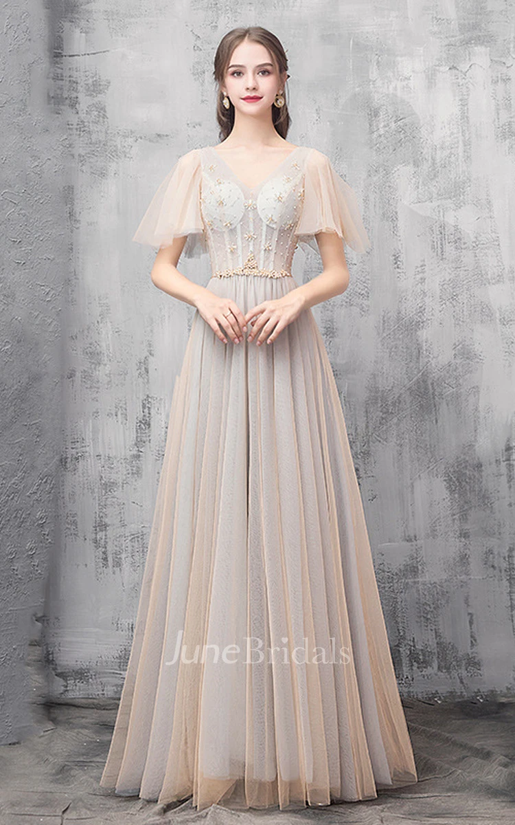 Ethereal Tulle Off-the-shoulder Sweetheart V-neck A Line Prom Dress With Appliques
