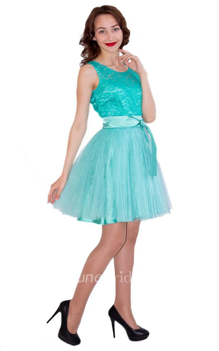 Mini Tulle And Lace Dress With Satin Belt