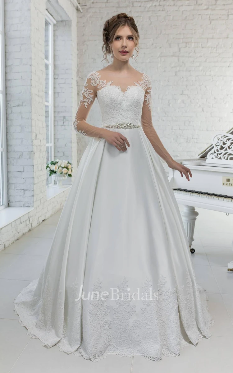 Scoop-Neck Illusion Long Sleeve A-Line Satin Wedding Dress With Appliques And Beading