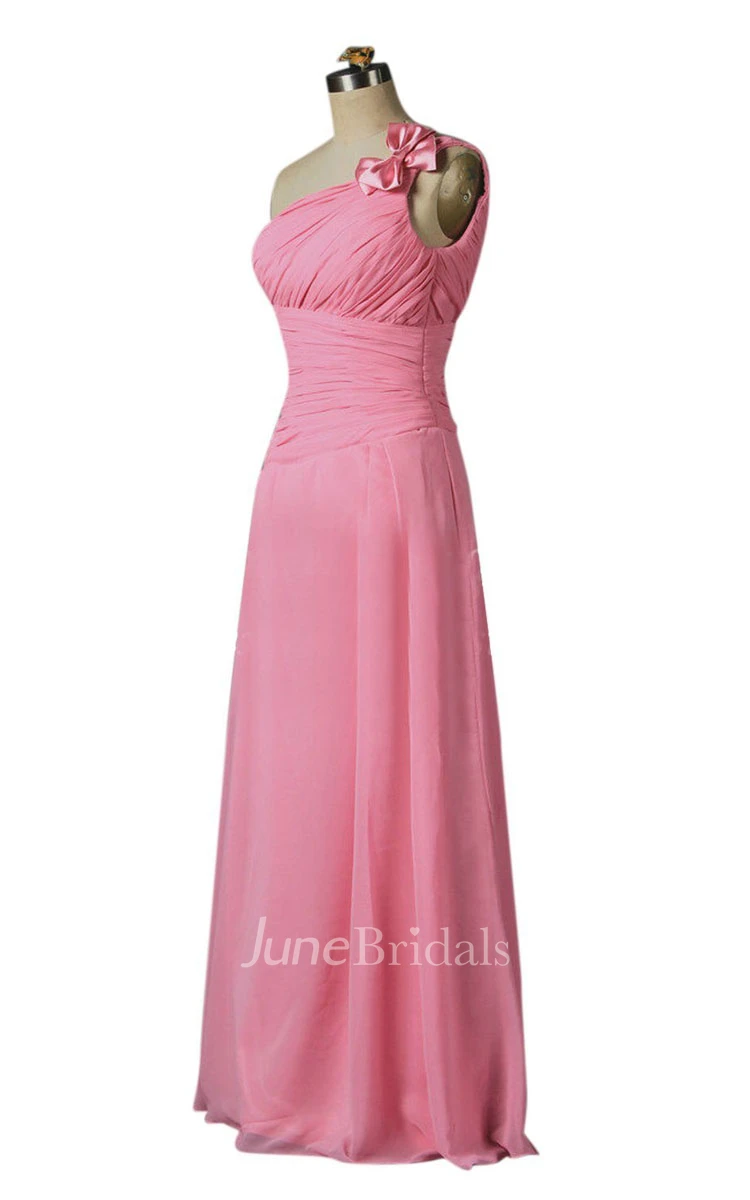 One-shoulder Ruched Chiffon A-line Gown With Bow