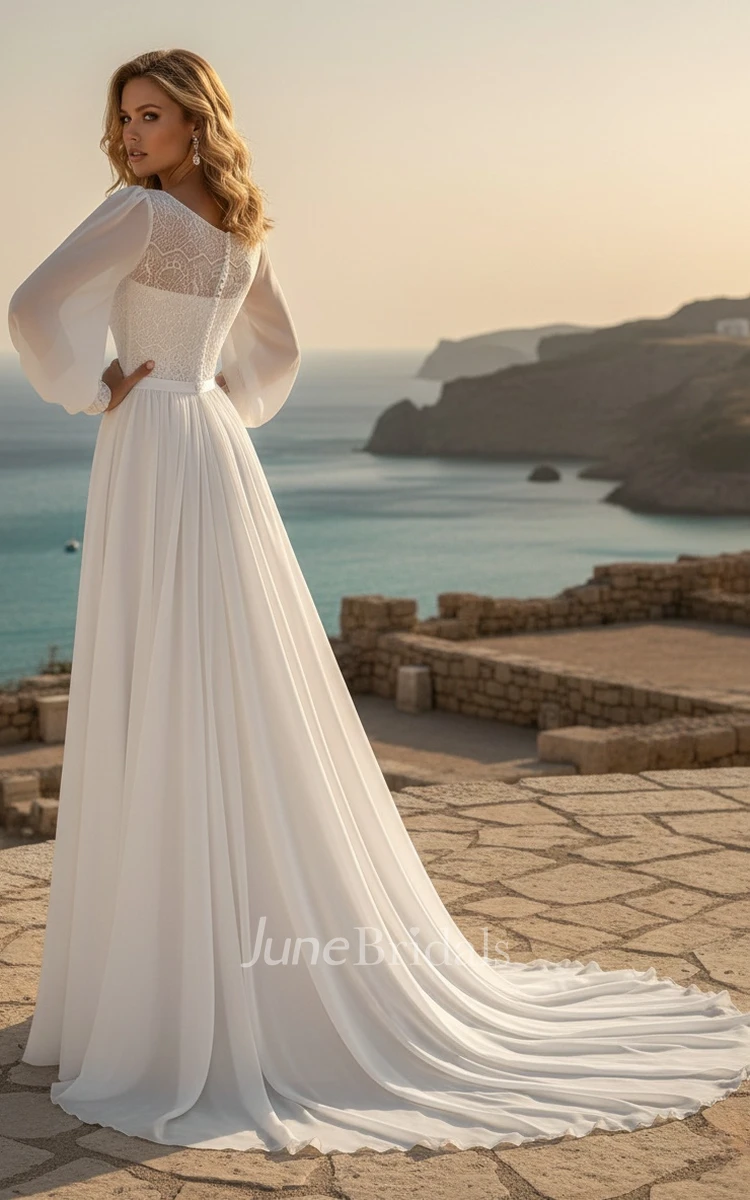 Modest Long Sleeve Casual Rustic A-Line Bateau Neck Winter Wedding Dress Gowns with Train