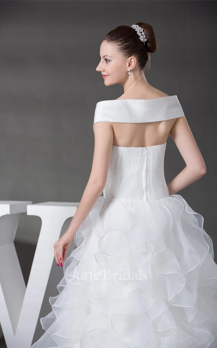 Caped-Sleeve Ruffled Ball Gown with Sequins and Flower