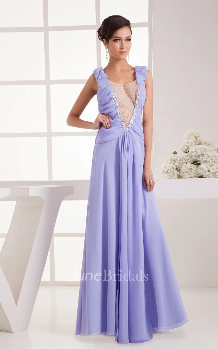 Plunged Caped-Sleeve Chiffon Maxi Dress with Illusion and Pleats