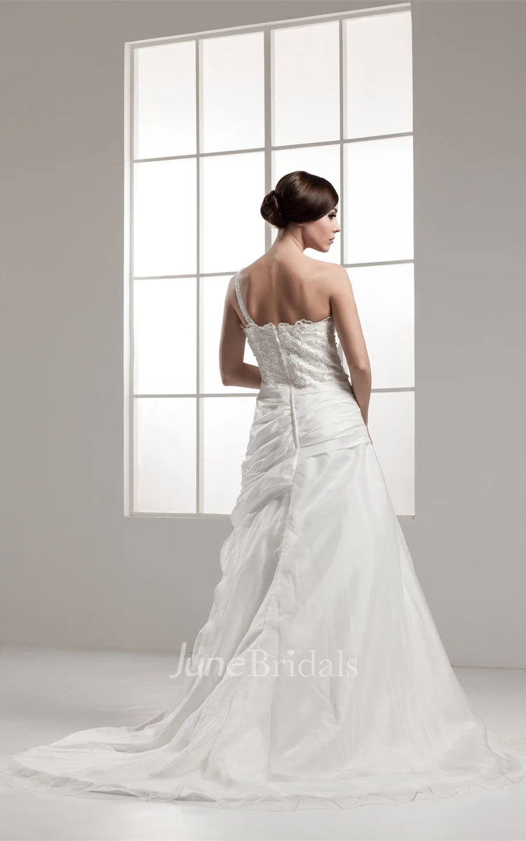 Sleeveless Lace A-Line Gown with Draping and Single Strap