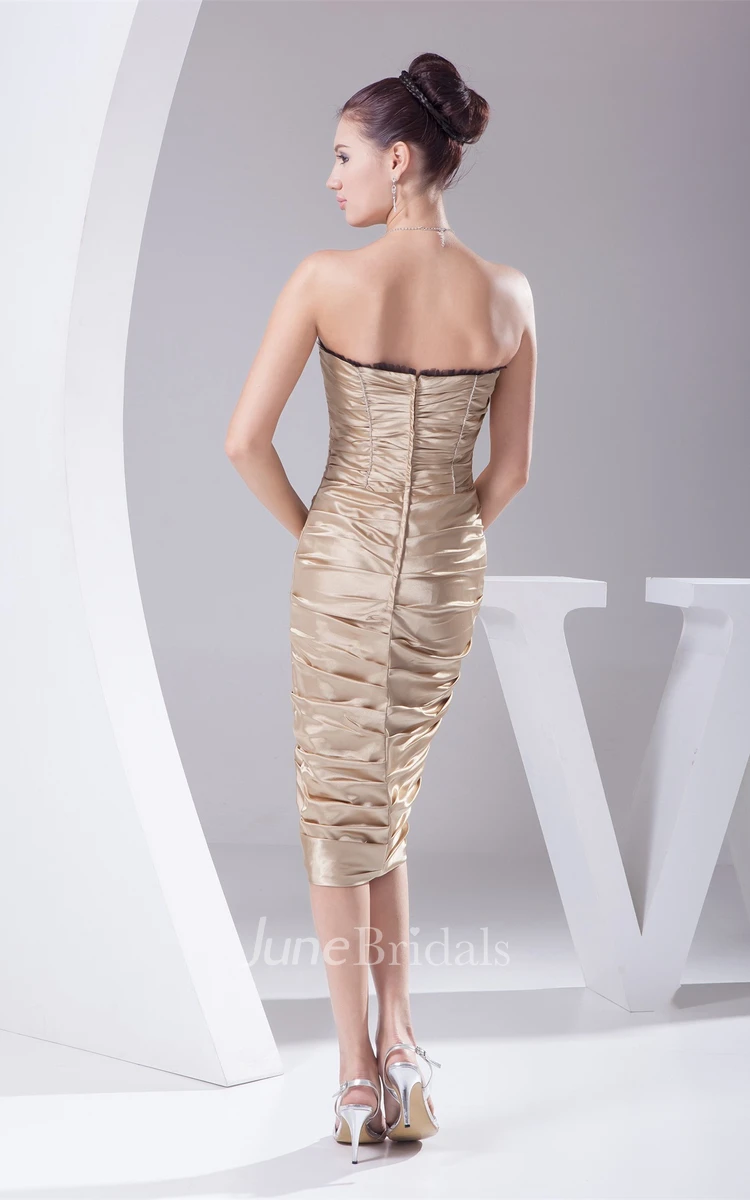 Strapless Knee-Length Dress with Overall Ruched Design