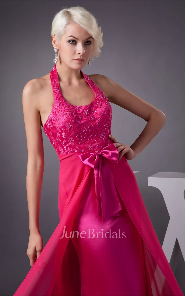 Sleeveless Ankle-Length Jeweled Dress with Bow and Halter