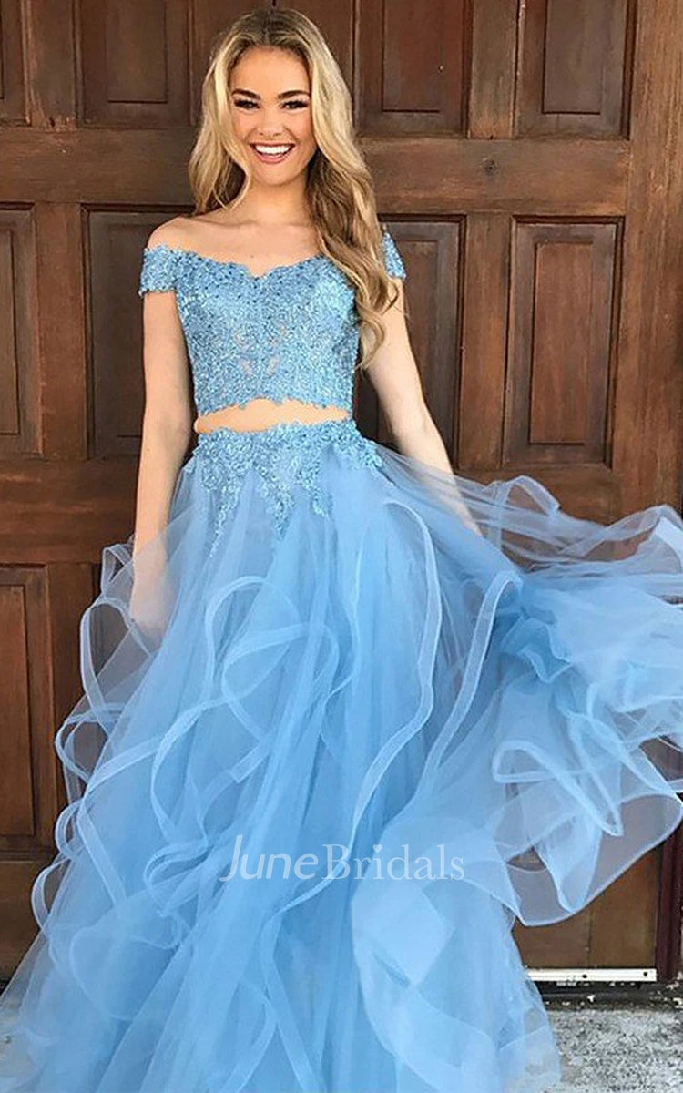 Adorable Two Piece Tulle Off-the-shoulder Sleeveless Prom Dress with Appliques