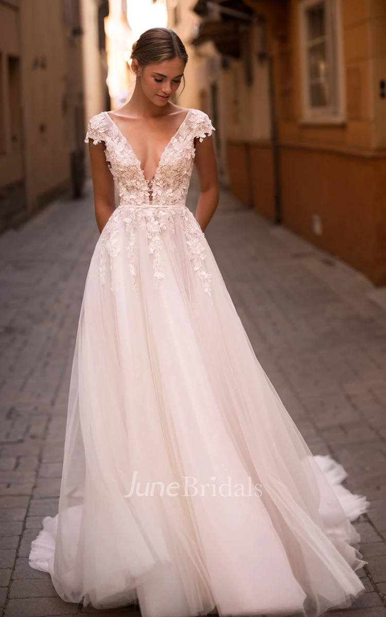 Ethereal Elegant Plunging V-Neck Floor-length Flowers Lace Tulle Wedding Dress Sexy Garden A-Line Sleeveless Open Back Appliques Beaded Bridal Gown with Sash