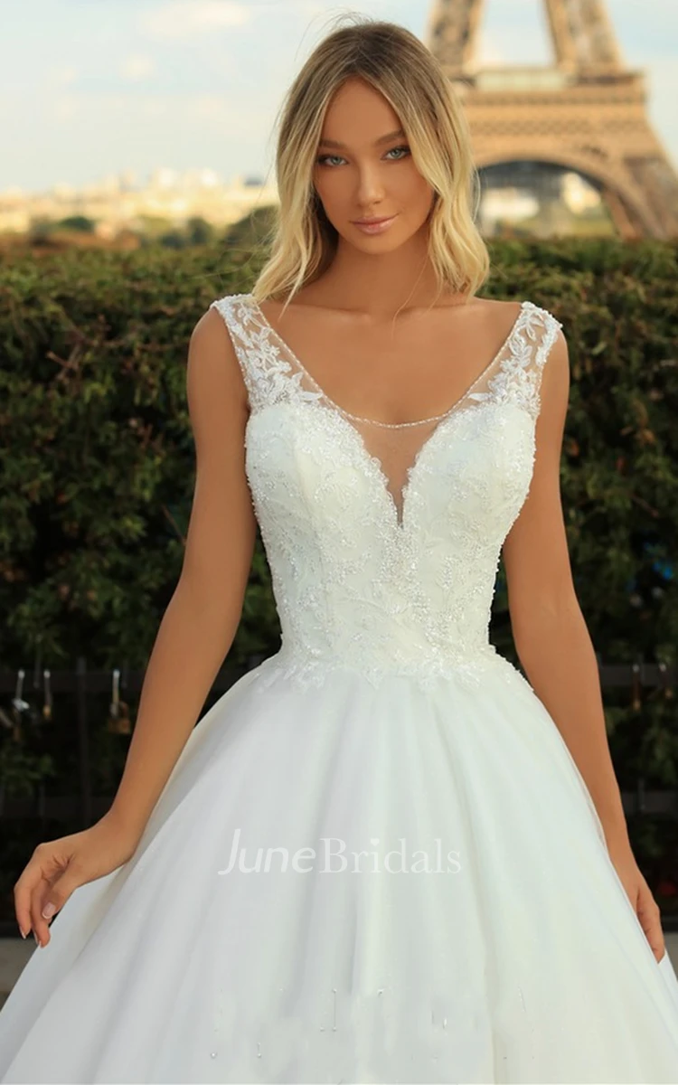 Vintage Ball Gown V-neck Tulle Sweep Train Wedding Dress with Appliques