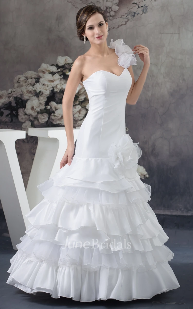 One-Shoulder Sweetheart A-Line Gown with Flower and Tiers