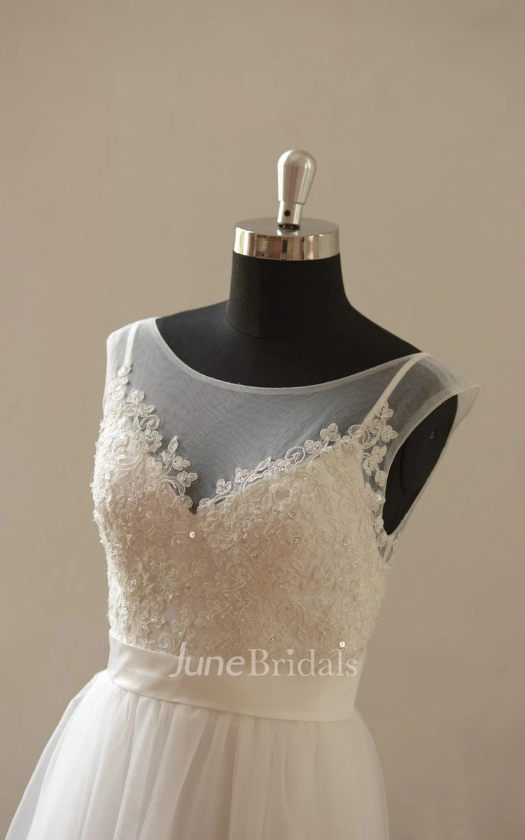 A-Line Tulle Bateau Neck Cap Sleeve Wedding Dress With Satin Sash