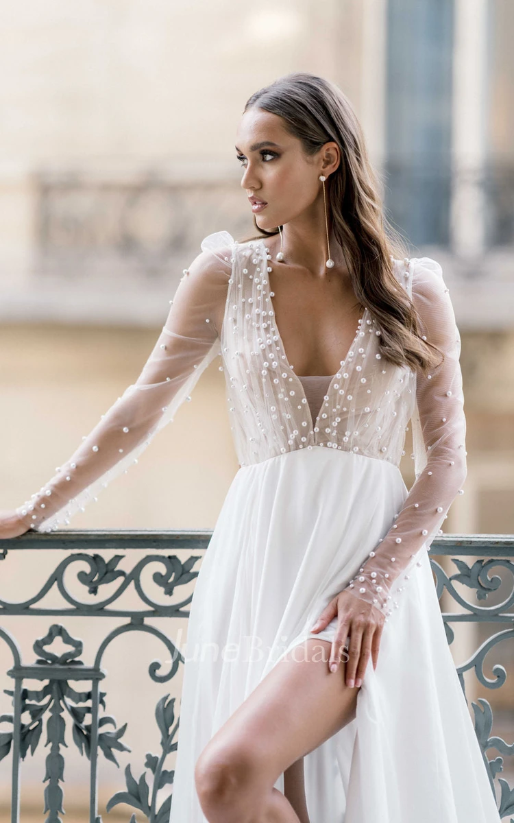 Sexy Elegant Chiffon A-Line V-neck Beaded Wedding Dress Vintage Romantic Long Sleeve Floor-length Split Bridal Gown with Train