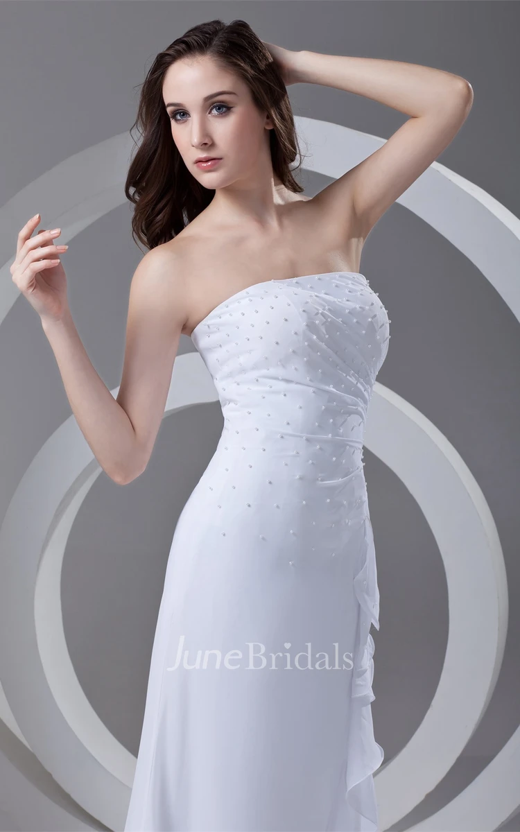 strapless column chiffon gown with draping and beading