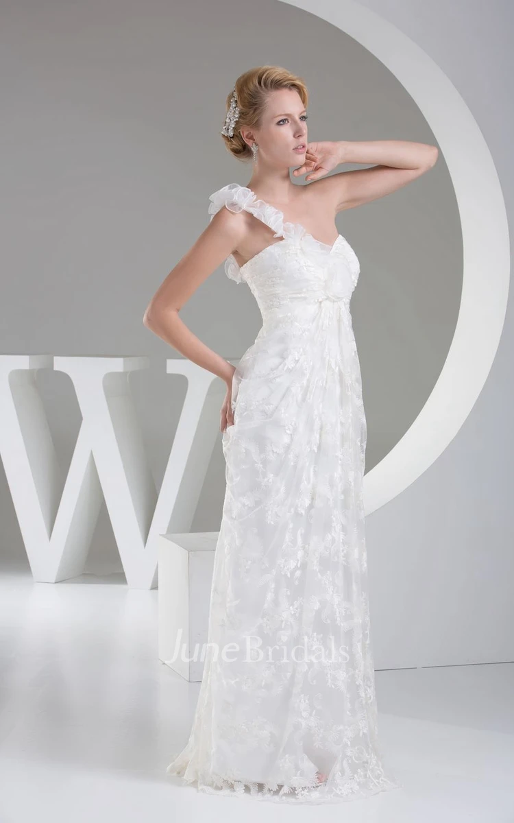 One-Shoulder Sleeveless Ruched Floor-Length Dress With Lace Appliques