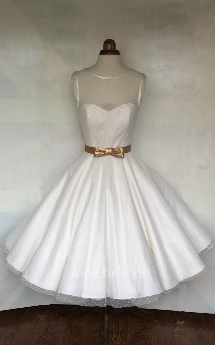 Cute Dotted Tea-Length A-Line Wedding Dress With Illusion Neckline