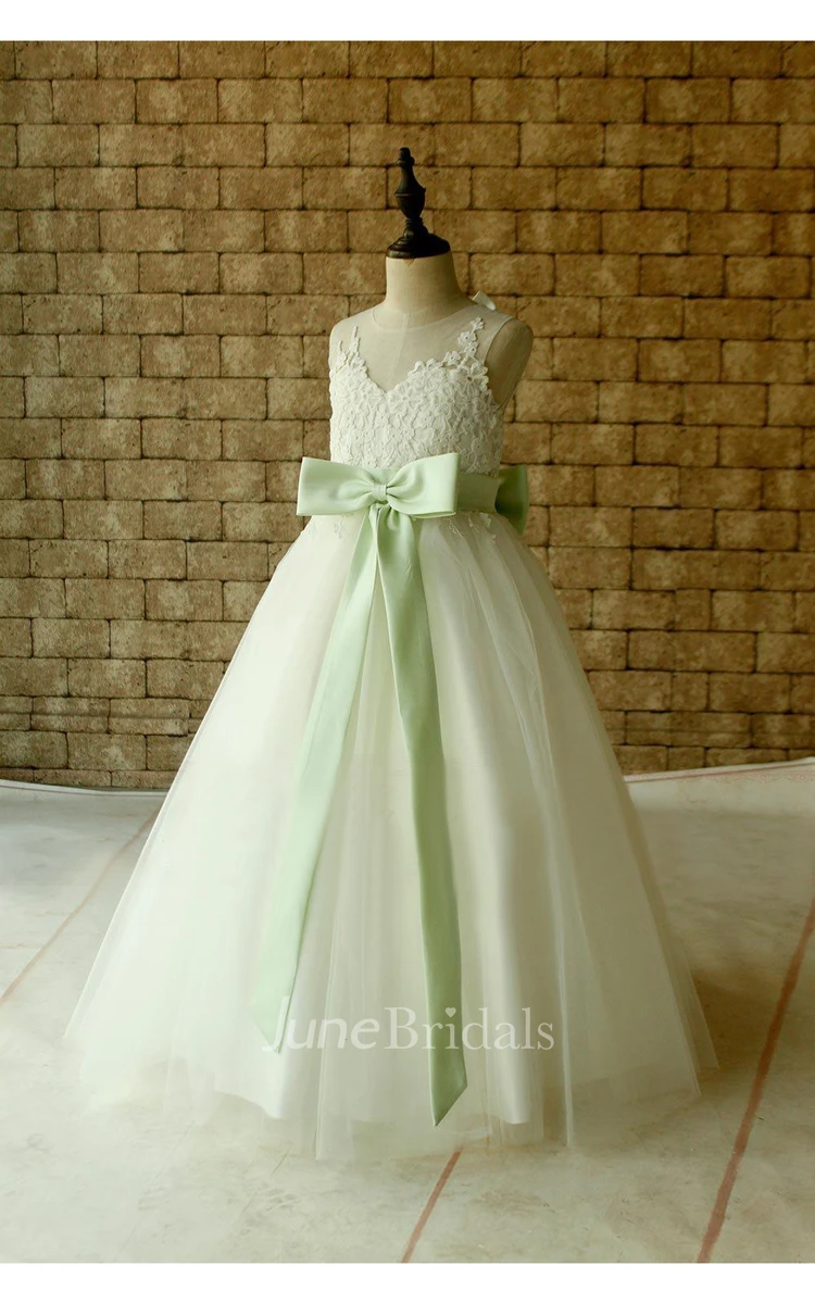 Ivory Lace Flower Girl Dress Floor Length With Mint Sash and Bow