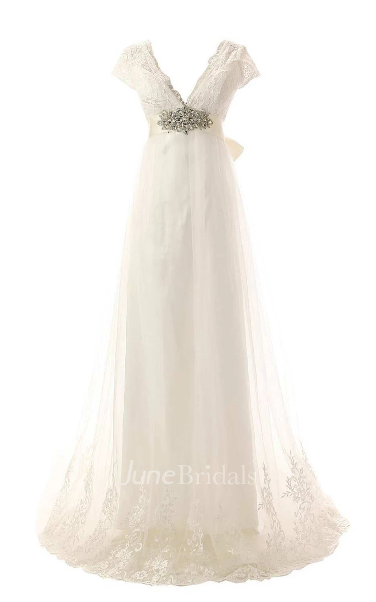 Cap Sleeve Low V Neck A-line Lace Gown With Beaded Belt