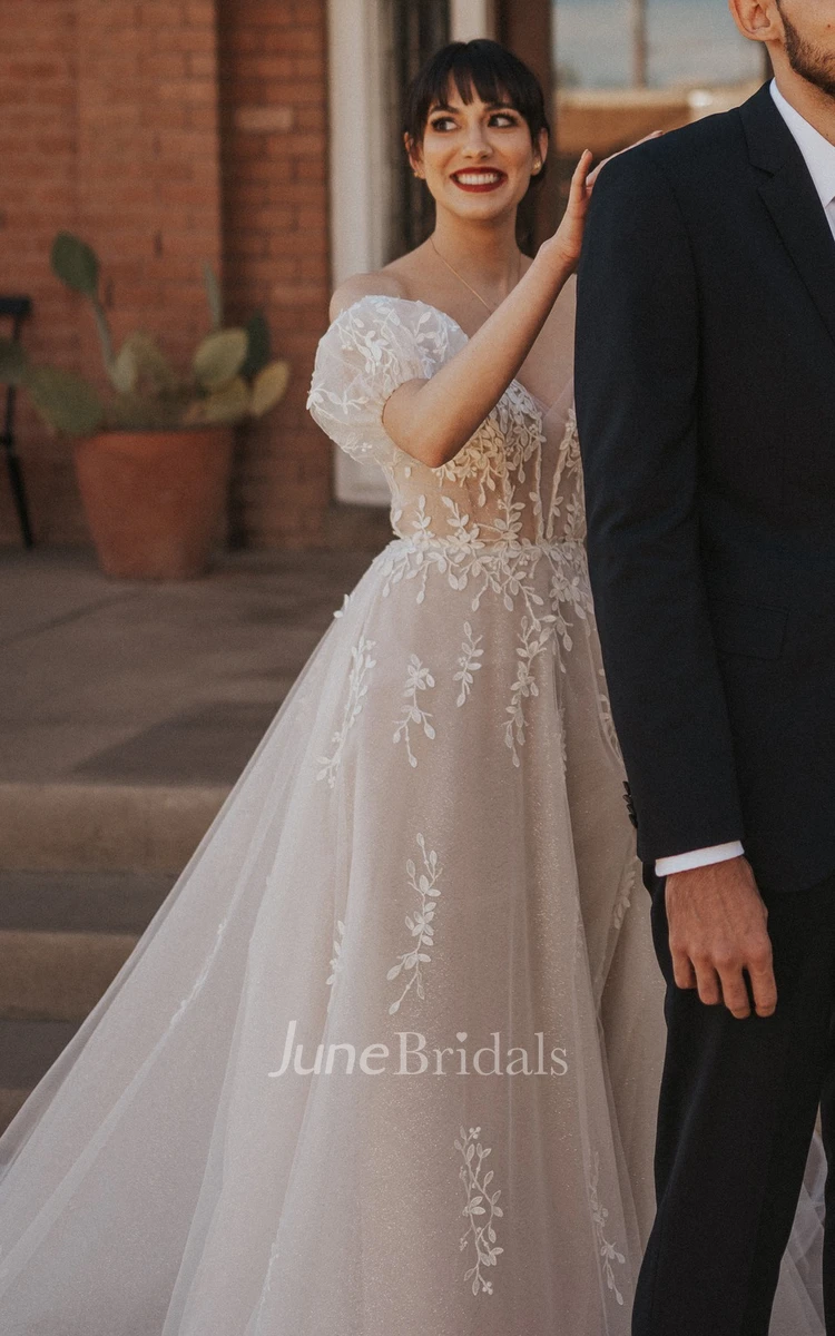 Romantic A Line Off-the-shoulder Tulle Sleeveless Wedding Dress with Train Elegant Modern Country Garden