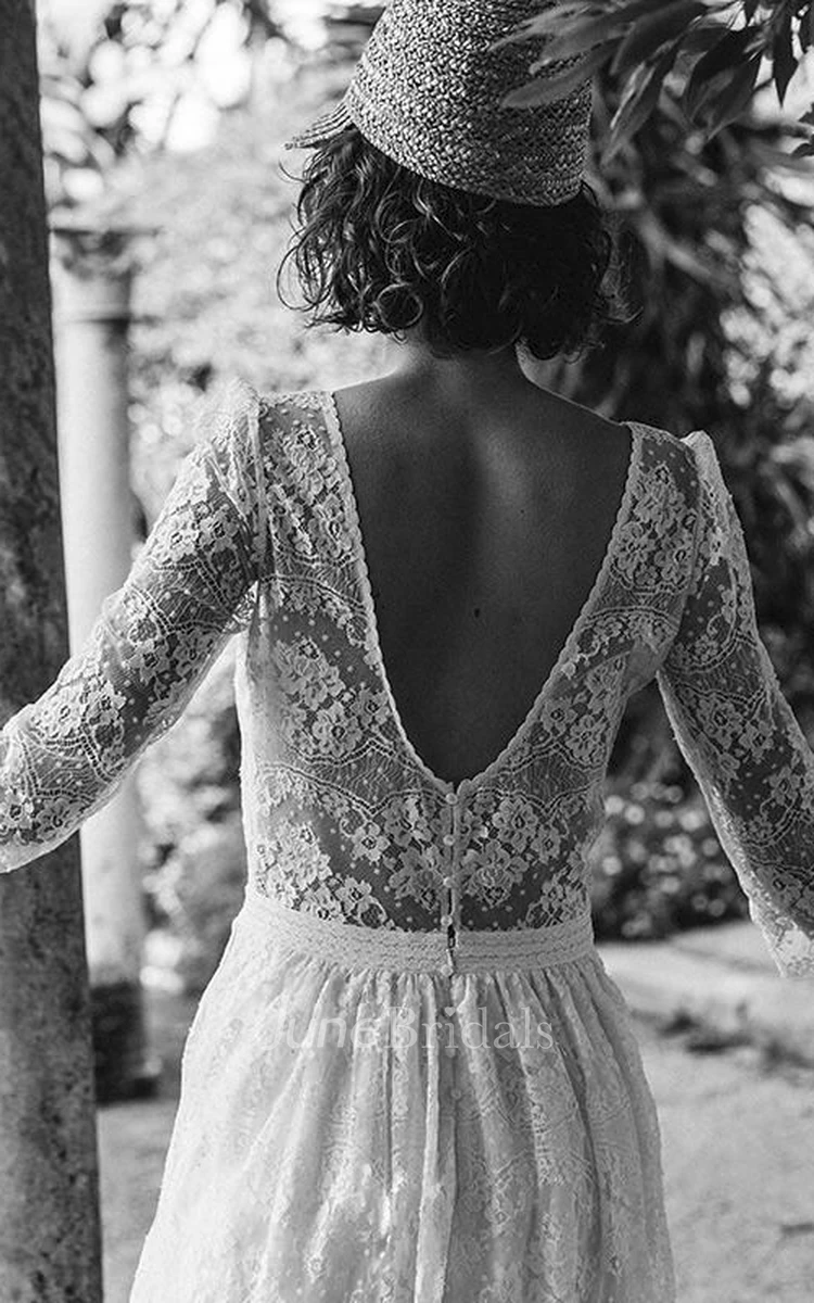 Long Sleeve Vintage Lace Tea-length Wedding Dress With Scoop Neck And V-back