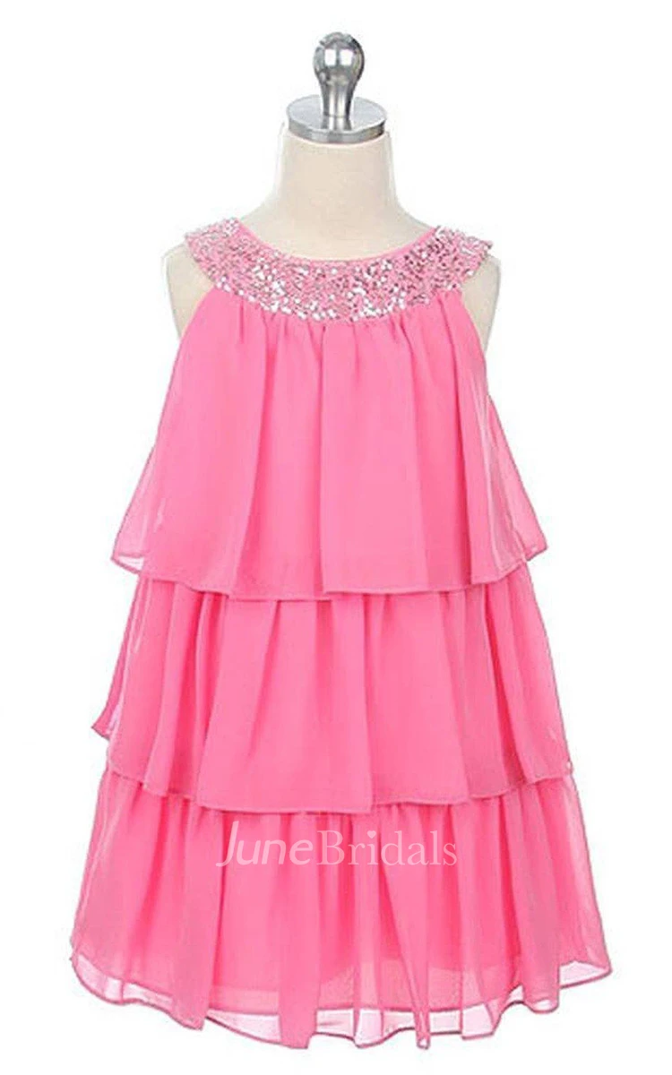 Sleeveless Tiered Dress With Sequined Neckline