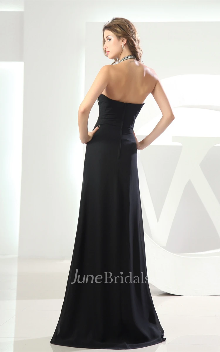 Sleeveless Beaded Straps A-Line Front-Split Gown with Brush Train and Embellishment
