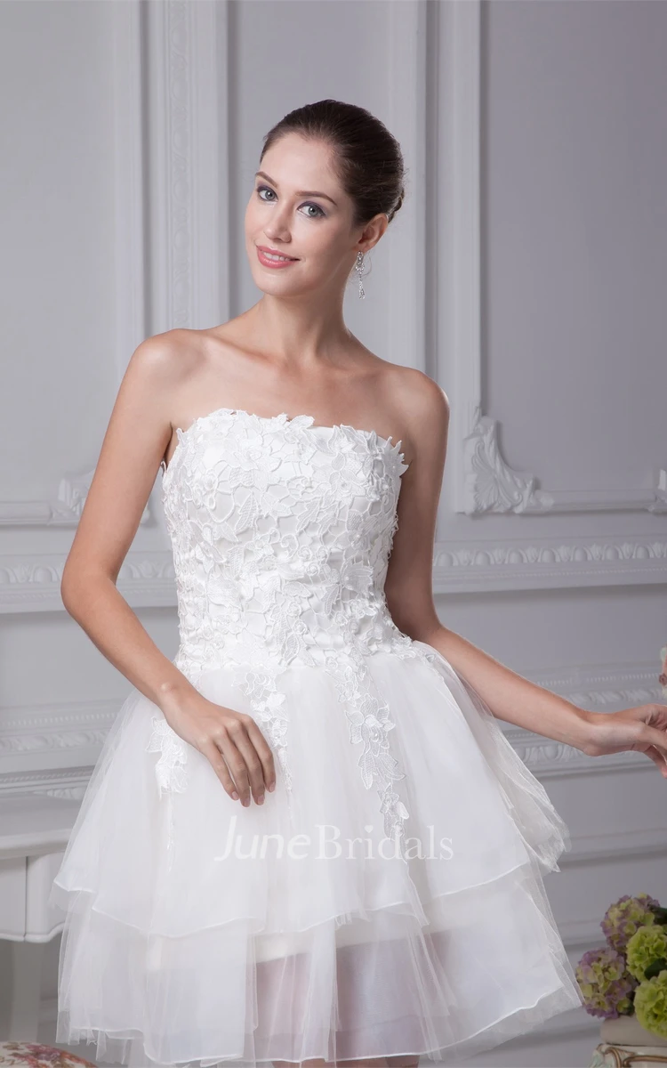 Strapless Short A-Line Dress with Appliques and Tulle Overlay