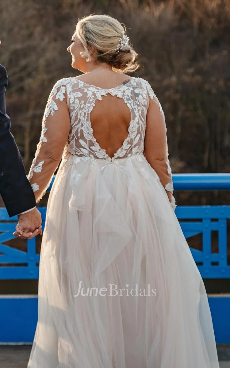 Elegant Plus Size Floor-length Appliques Illusion Long Sleeve Keyhole Back Wedding Dress