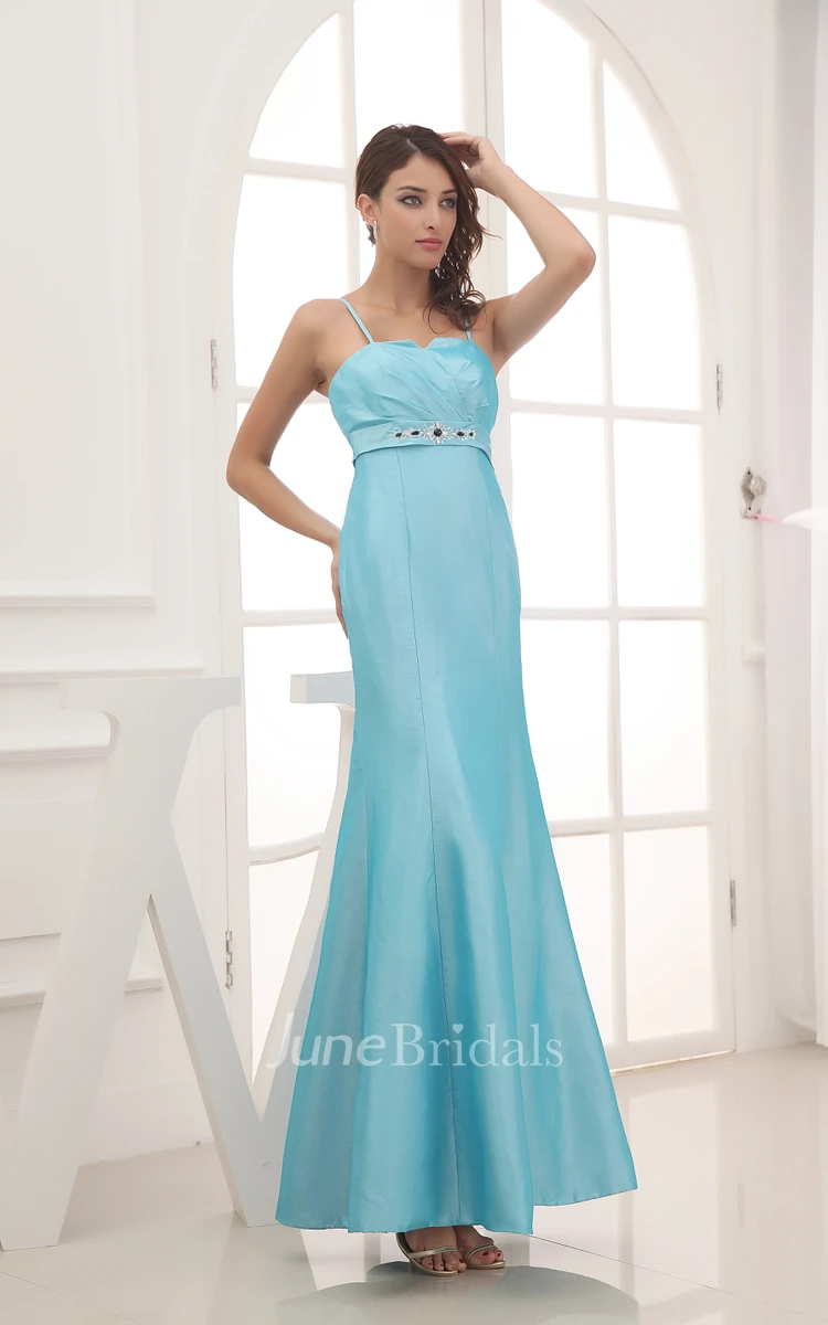 Sleeveless Criss-Cross Ruched Dress With Spaghetti Straps Beaded Waist