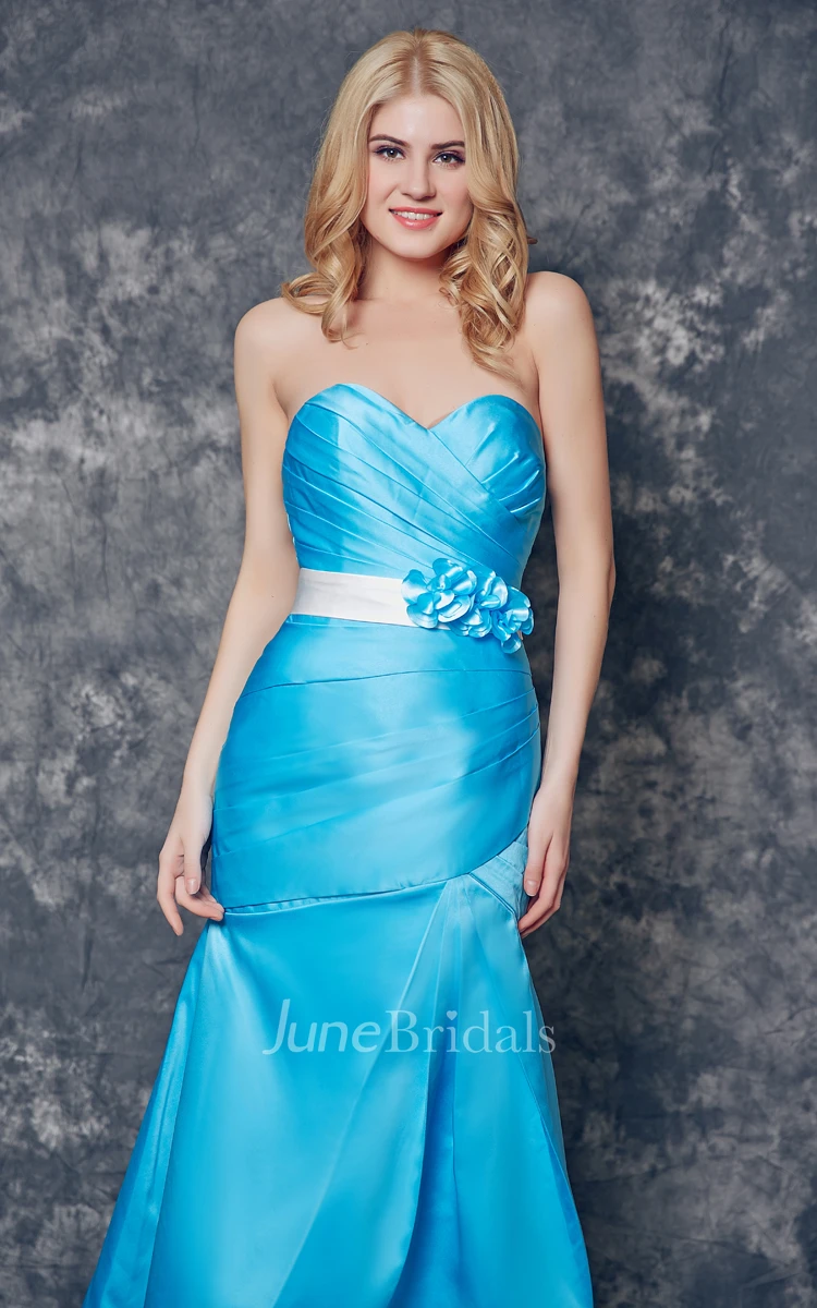 Sweetheart Ruched Long Satin Dress With Floral Sash
