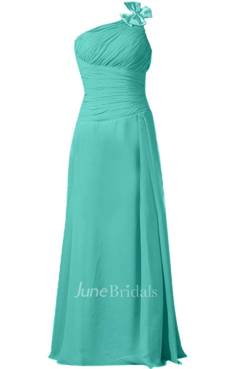One-shoulder Ruched Chiffon A-line Gown With Bow