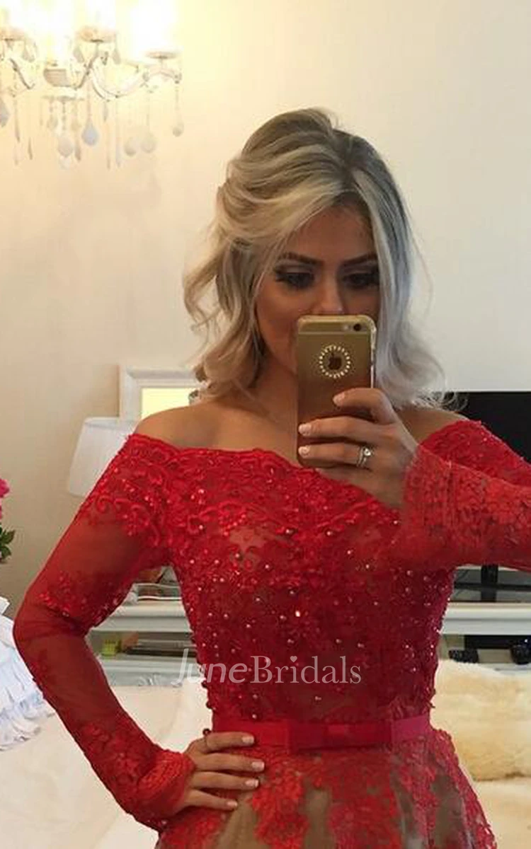 Modern Off-the-shoulder Red Prom Dress Lace Long Sleeve