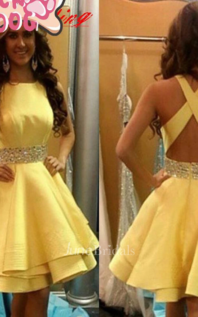 Lovely Yellow Criss-Cross Back Homecoming Dress Short Chiffon With Crystal