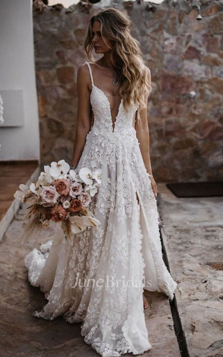 A-line Spaghetti Straps Thigh Split Lace Wedding Dresses Country
