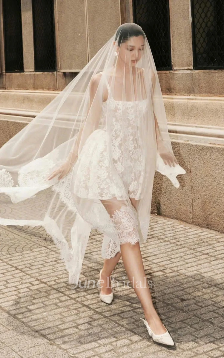 A-line Short Lace Engagement Wedding Dress Square Neck Sleeveless Mini Gown (without Veil)