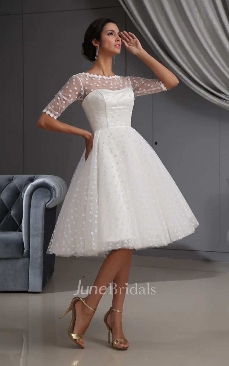Half-Sleeve Illusion Midi Dress With Dot And Lace