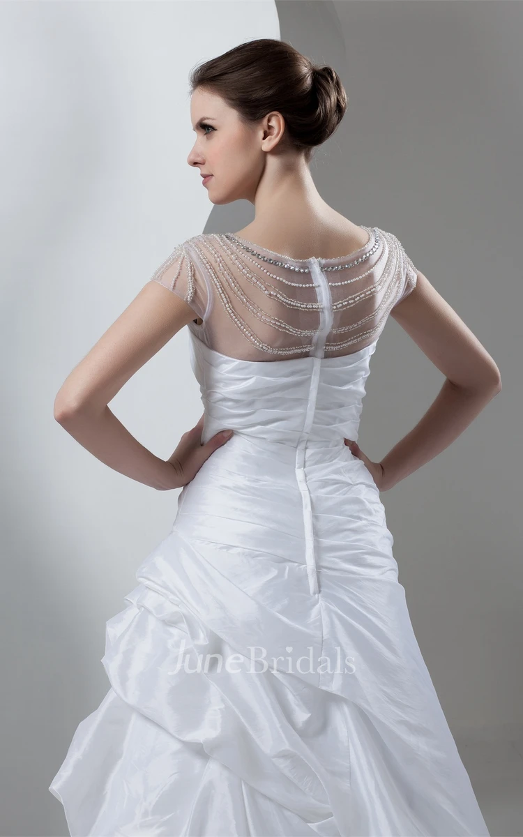 Caped-Sleeve Pick-Up A-Line Gown with Ruching and Illusion Neckline