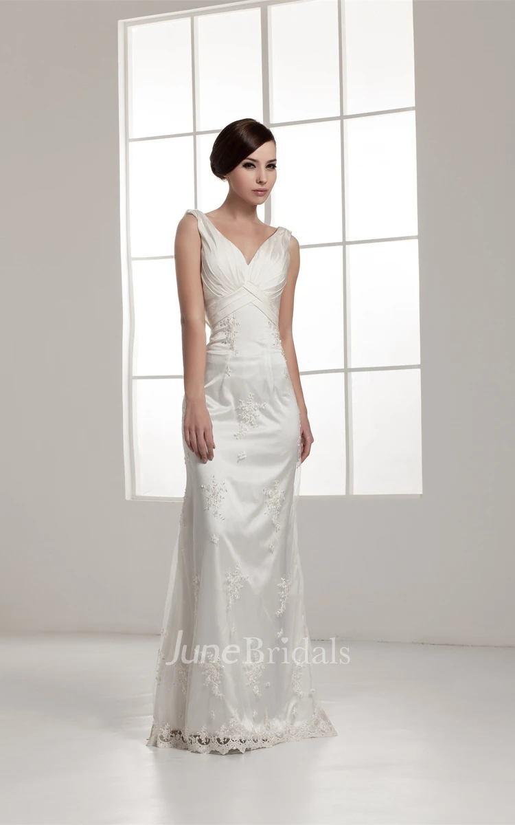 Deep-V-Neck Sheath Floor-Length Dress with Appliques and Ruching