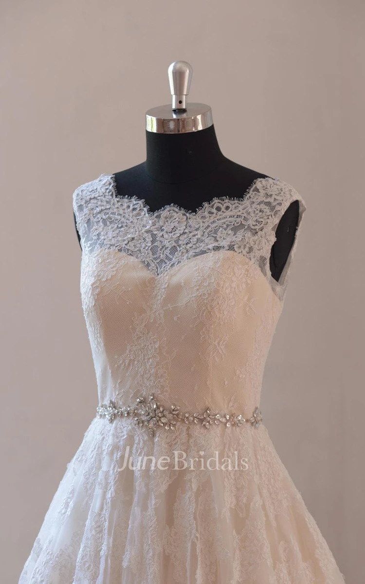Ivory a Line Champange Blush Lining Lace Wedding Dress With Illusion Neckline